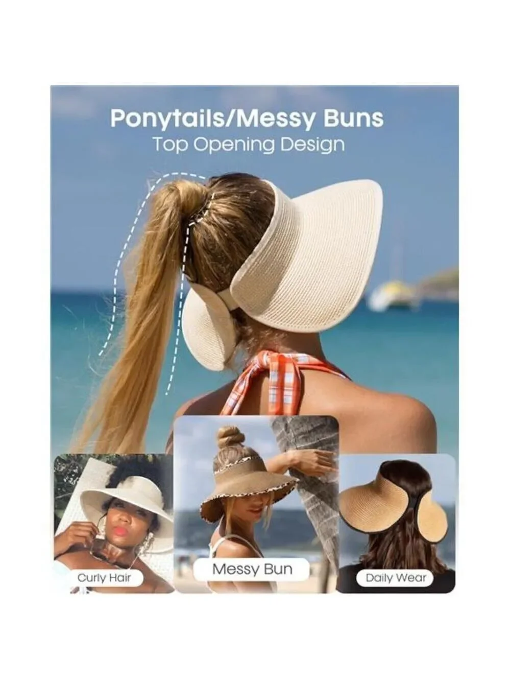 Wide Brim Straw Sun Visor Hat Women Ponytail UPF 50 Beach Packable Hat